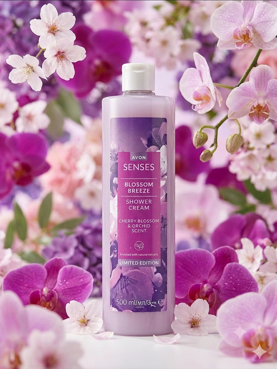 Flacon de gel douche crème Avon Senses Blossom Breeze entouré d'orchidées et de fleurs de cerisier printanières de couleur mauve et rose.