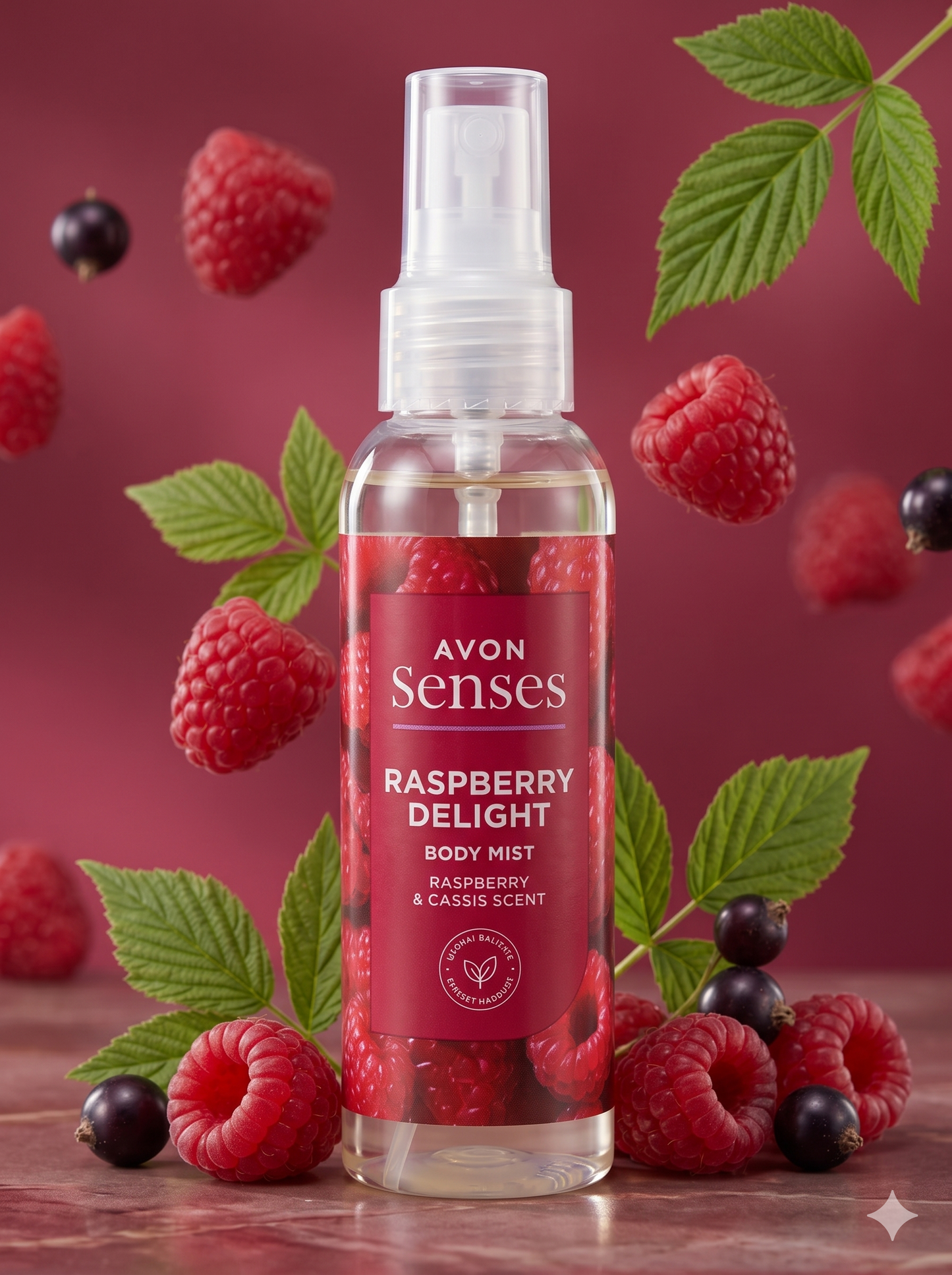 Brume corporelle parfumée framboise et cassis Avon Senses, soin rafraîchissant aux extraits naturels pour une sensation de fraîcheur immédiate.