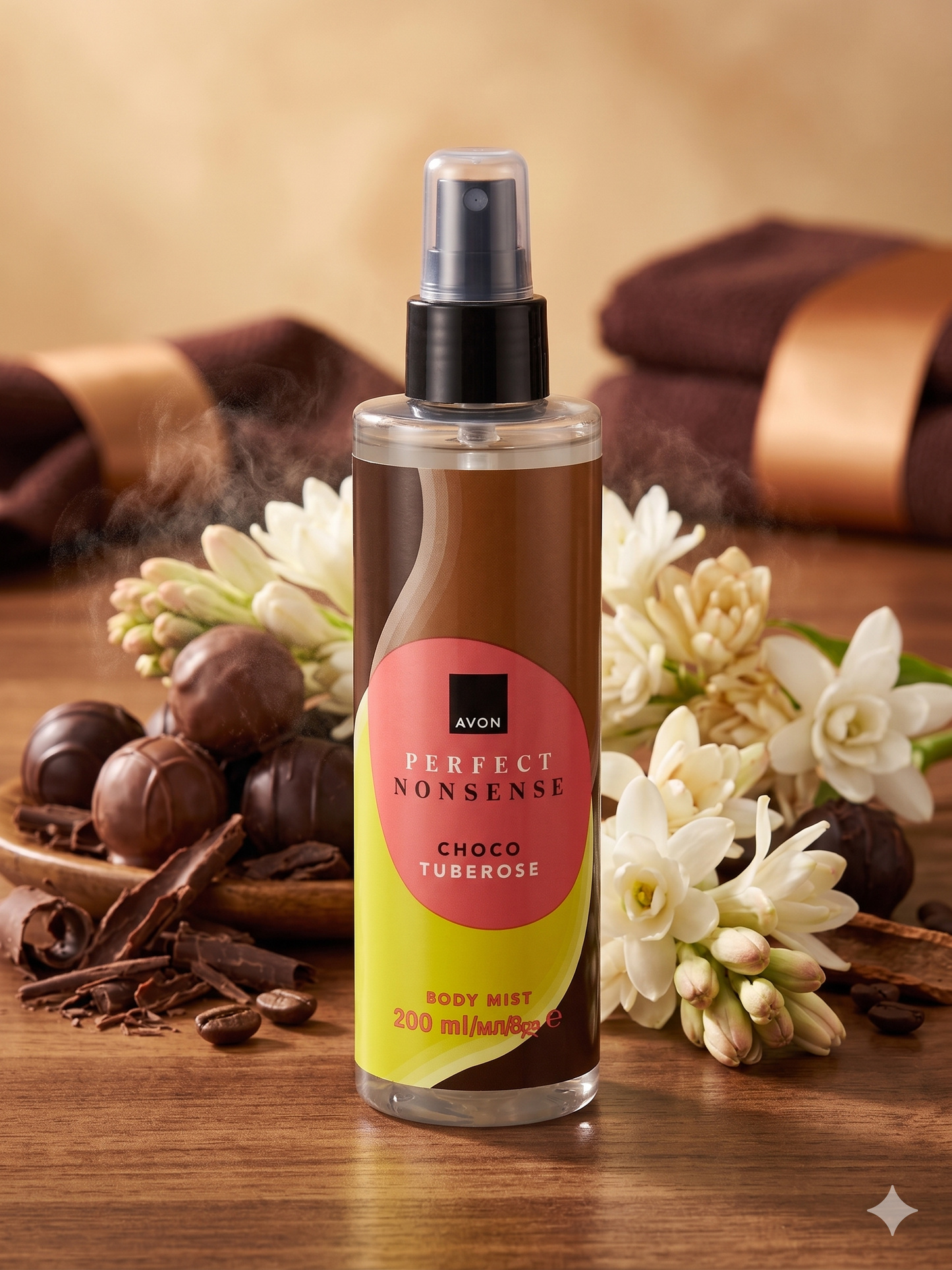 Le flacon de brume "Choco Tuberose" est présenté au centre, entouré de grappes de fleurs de tubéreuse blanches, de chocolats pralinés ronds et de copeaux de chocolat noir sur une surface en bois. En arrière-plan, des serviettes brunes roulées sont disposées, créant une atmosphère chaleureuse et gourmande.