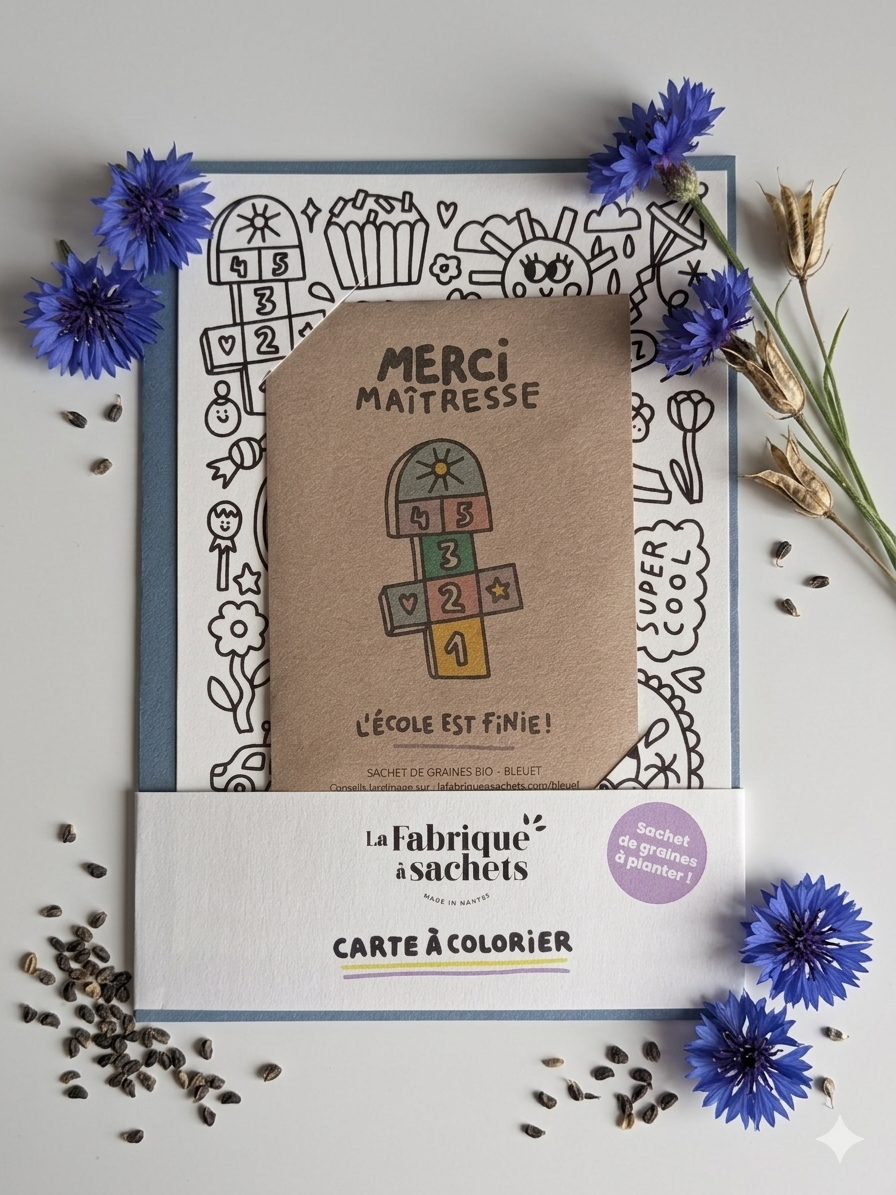 Titre : Kit Cadeau "Merci Maîtresse" – Carte à Colorier & Graines de Bleuets Bio