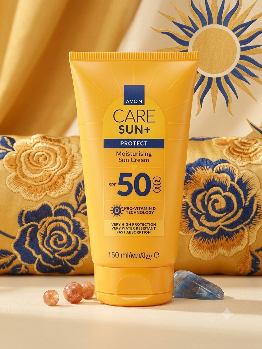 📸 Tube de crème solaire jaune Avon Care Sun+ Protect SPF 50 de 150ml, posé devant un coussin doré à motifs de fleurs bleues, avec une décoration de soleil bleu et or en arrière-plan.