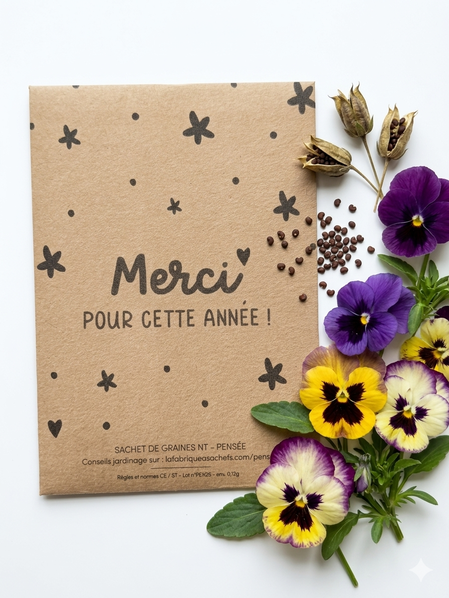 Sachet de graines en papier kraft avec inscription Merci pour cette année, parfait pour un cadeau de remerciement.