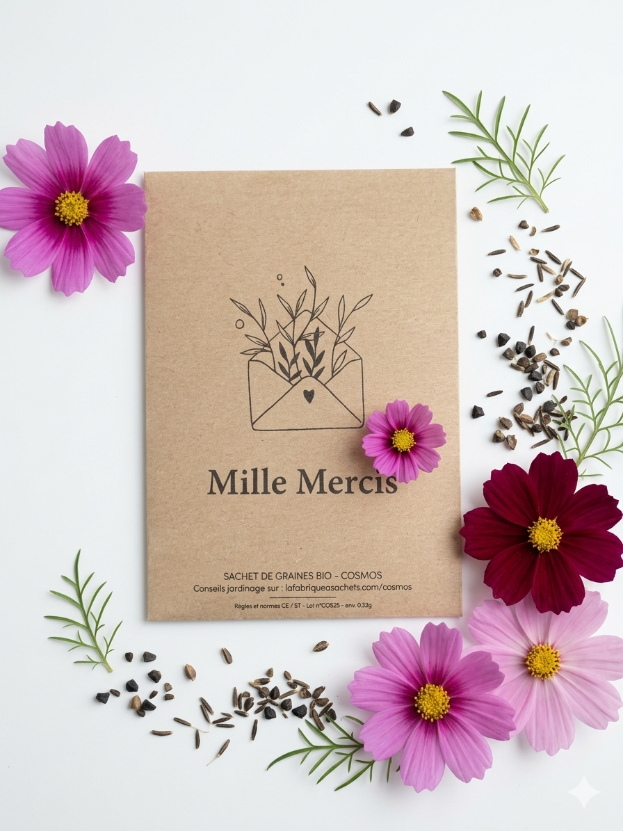Sachet de graines en papier kraft "Mille Mercis" avec illustration d'une enveloppe et de fleurs, contenant des graines de fleurs de cosmos bio à offrir comme cadeau invité écologique.