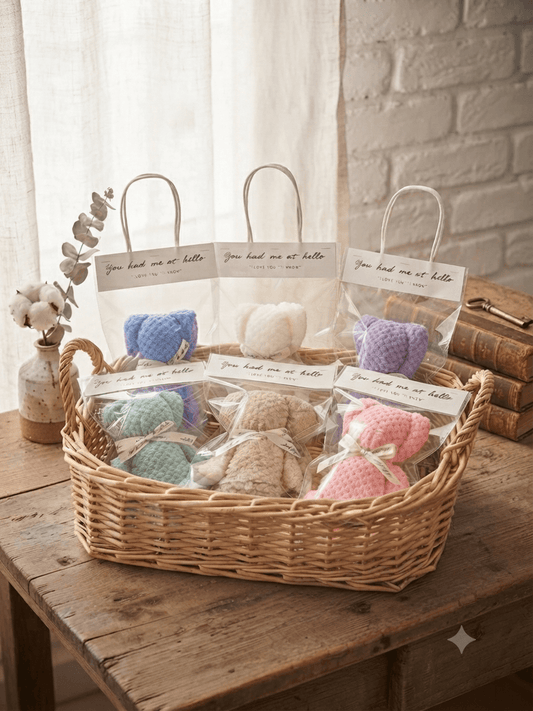 🧸✨ Adorable Serviette d'Invité Ourson Douce & Poétique, dans son sachet avec anses ✨🧸 présentée dans un panier en osier.