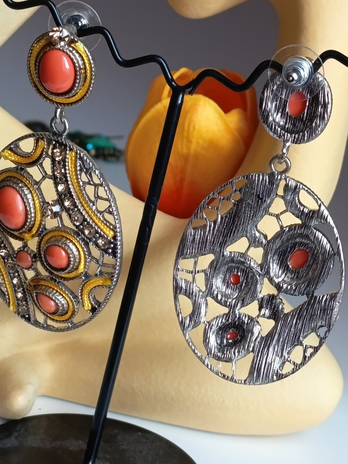💫💝Boucles d'Oreilles "Solaire" – Cabochons Corail, Cristaux & Passementerie 💝💫