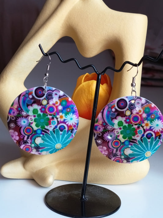 Boucles d'oreilles réversibles "Duo Eclat" en nacre naturelle et motif floral Pop