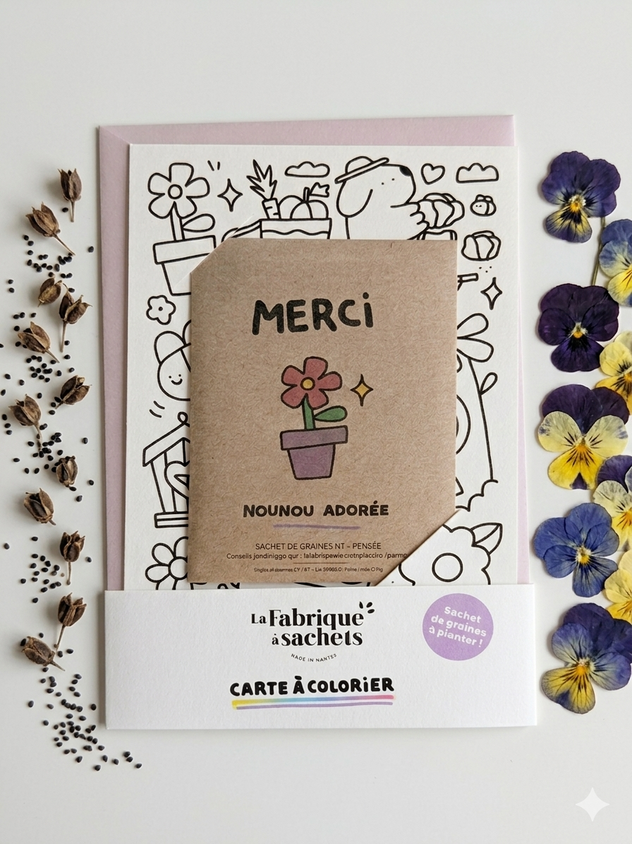 🌸 Carte à Colorier "Merci Nounou Adorée" – Kit Graines Pensées