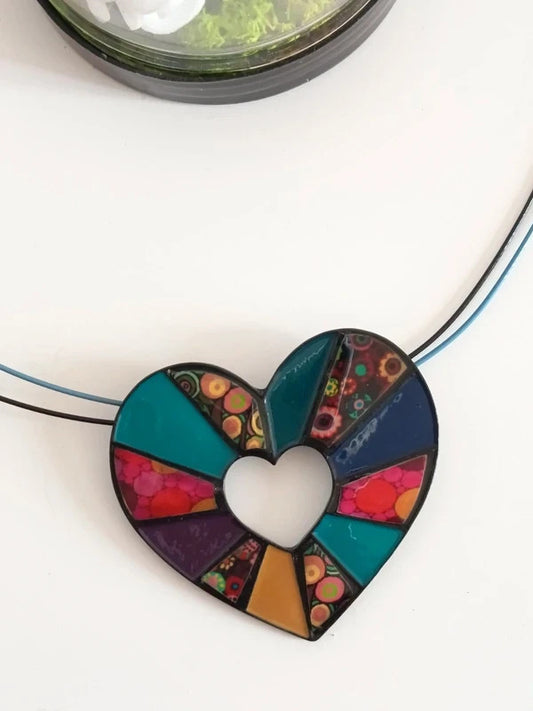 Collier avec pendentif coeur multicolore, effet patchwork, sans nickel, n° 2