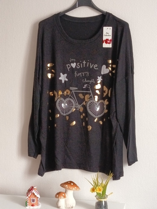 Pull fin noir, en coton et laine, avec imprimés vélo + coeur, taille 54/56