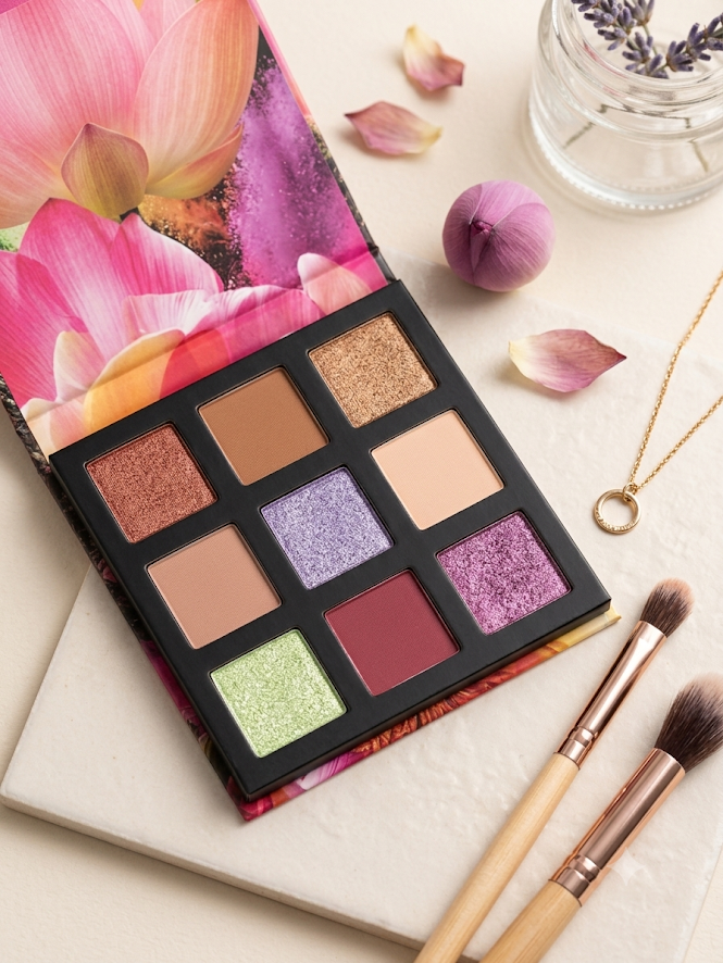 Palette de maquillage ouverte "Lotus Sacré" avec 9 fards à paupières carrés (mats, pailletés et irisés dans les tons nude, brun, or, lavande, violet et vert lime) posée à côté de deux pinceaux de maquillage en bambou, de pétales de fleurs roses et d'un pot de lavande.