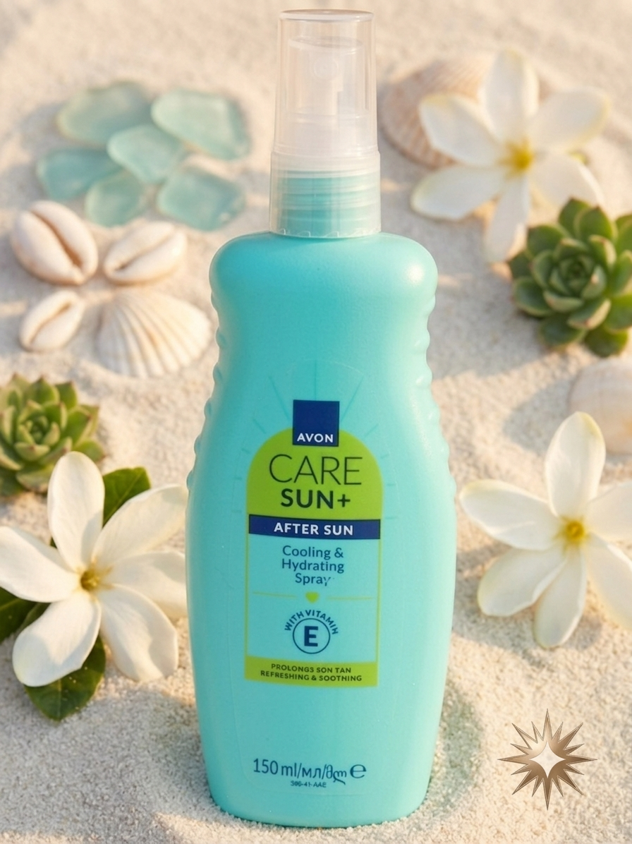 Spray après-soleil hydratant Avon Care Sun+ posé sur du sable fin entouré de coquillages et fleurs tropicales.
