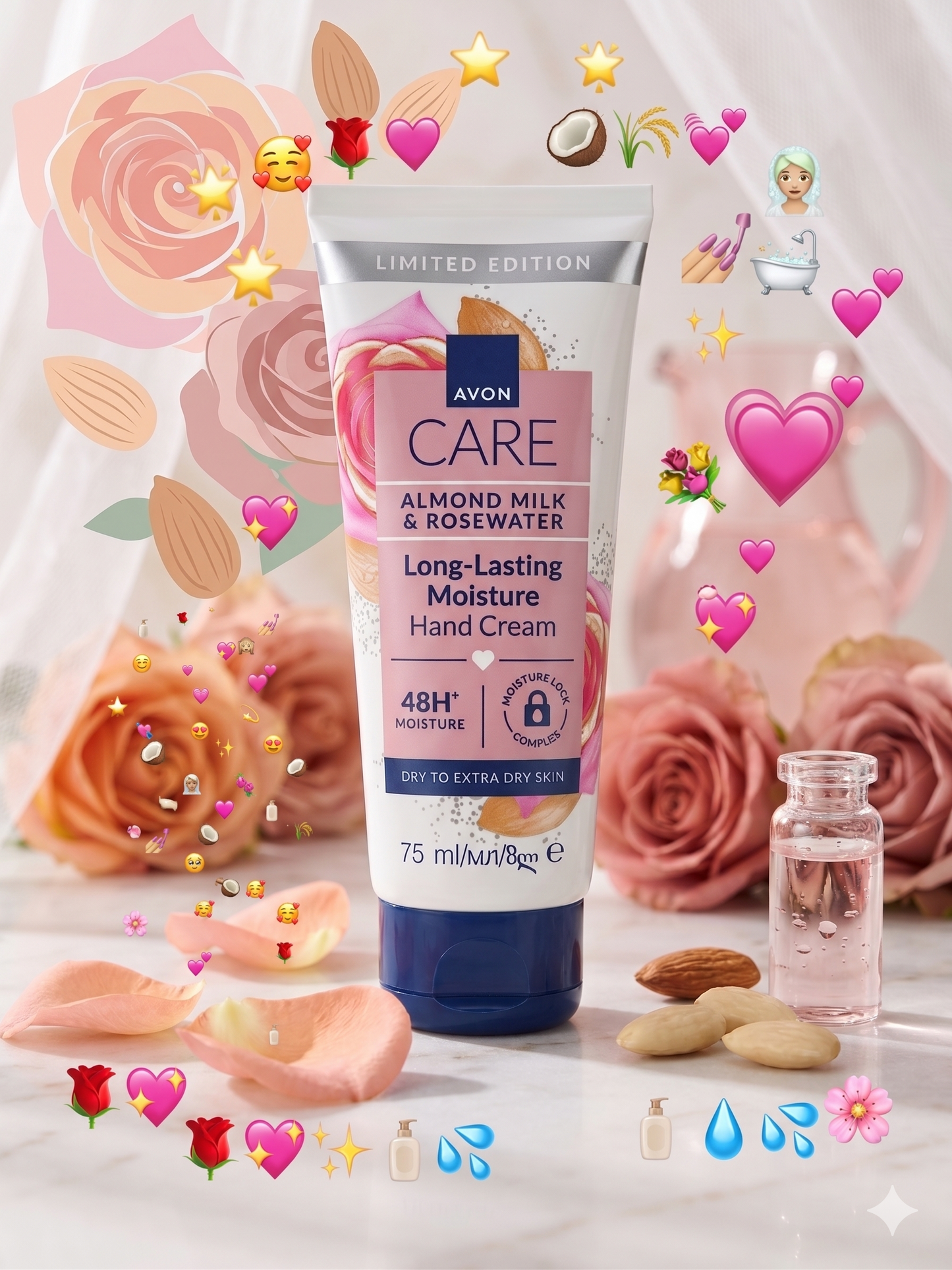 "Tube de crème pour les mains Avon Care à l'amande et à l'eau de rose, entouré de pétales de roses, d'amandes, et décoré d'emojis festifs sur un fond de marbre élégant.
