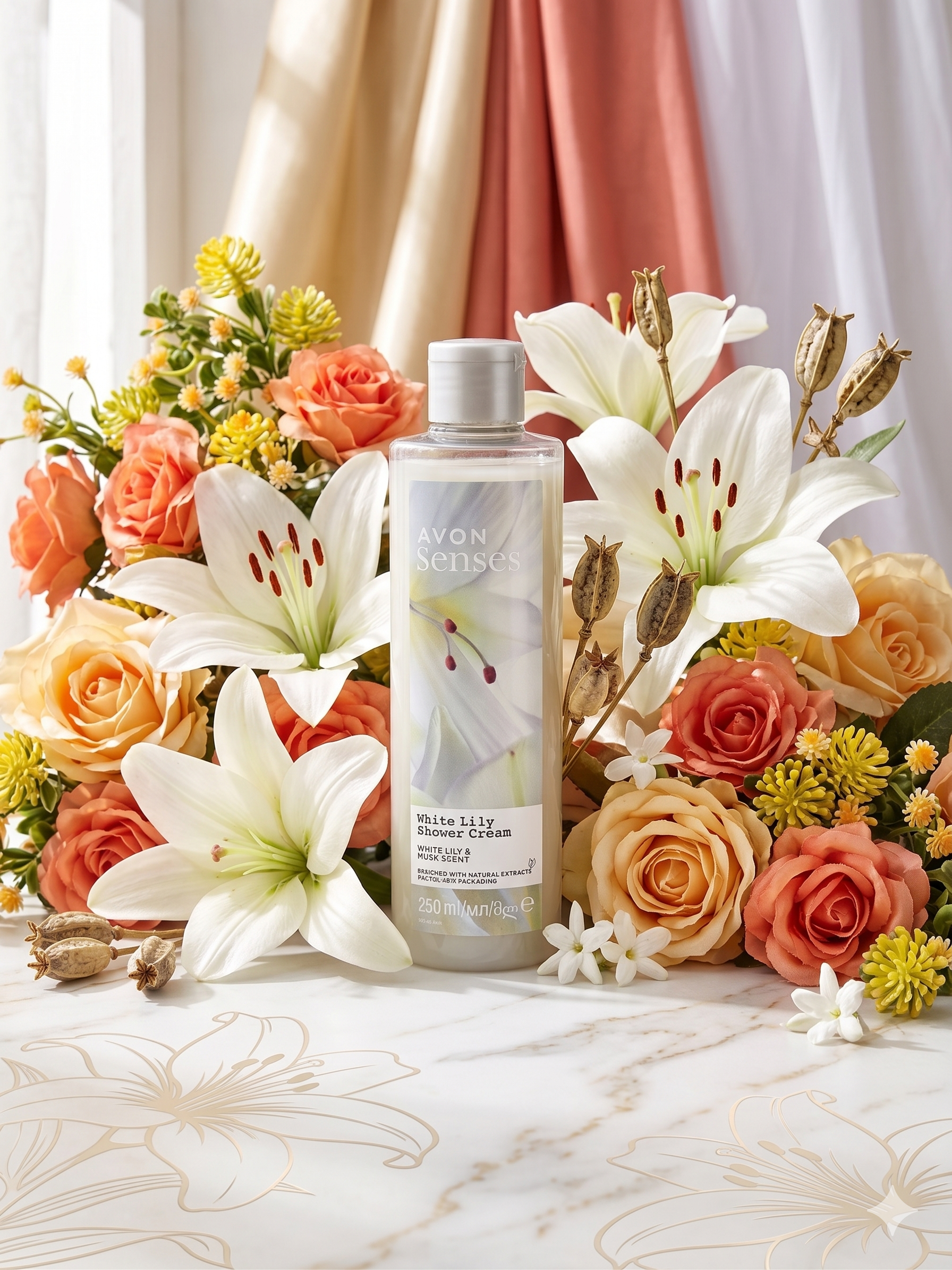 Flacon de crème de douche Avon Senses White Lily & Musk entouré de fleurs de lys et de roses dans un décor élégant et naturel
