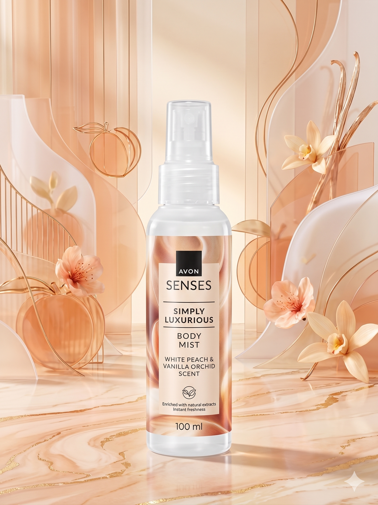 Flacon de brume corporelle Avon Senses Simply Luxurious de 100 ml, centré sur un arrière-plan élégant aux tons pêche, entouré d'un cadre luxuerux, mettant en avant les notes de pêche blanche et d'orchidée vanilke