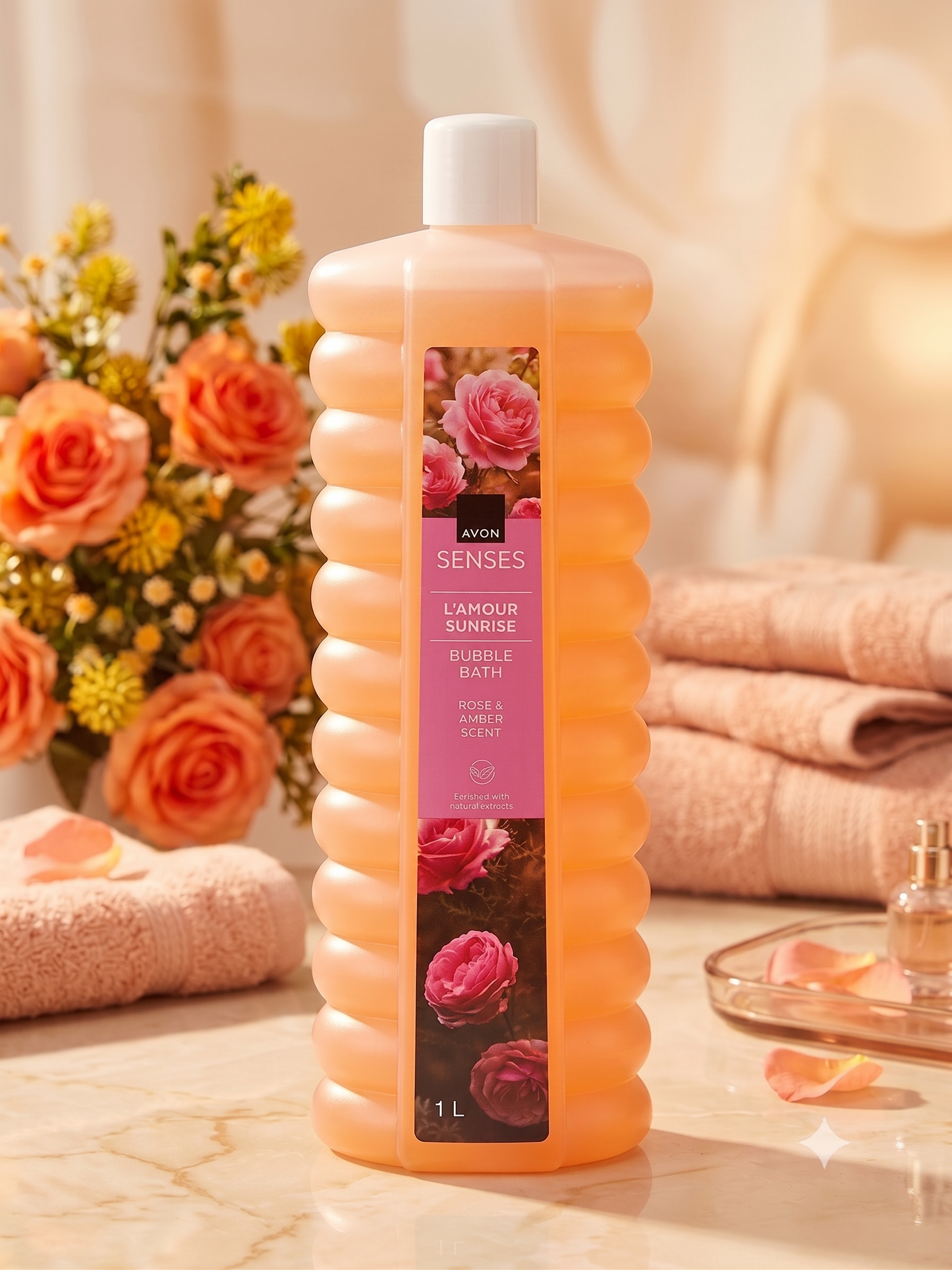 Bain Moussant Avon Senses L'Amour Sunrise – Rose & Ambre Chaud – 1 Litre