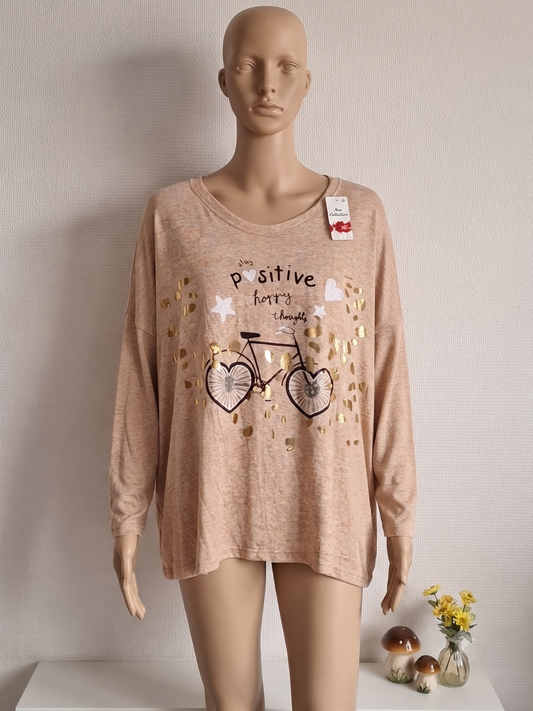 🧶✨ PULL FIN TENDANCE - IMPRIMÉ VÉLO - BEIGE CHINÉ - TAILLE 54/56 🚲🍂🤎