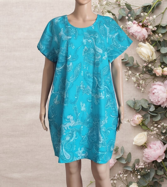 ✨ Robe ou tunique d'été fluide à motifs - Bleu Turquoise (Taille 48/50) 👗