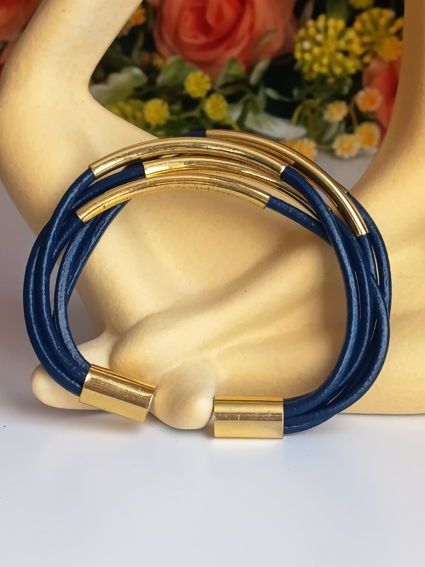💙 Bracelet Vintage Tendance 5 Rangées Bleu Marine et Doré ✨