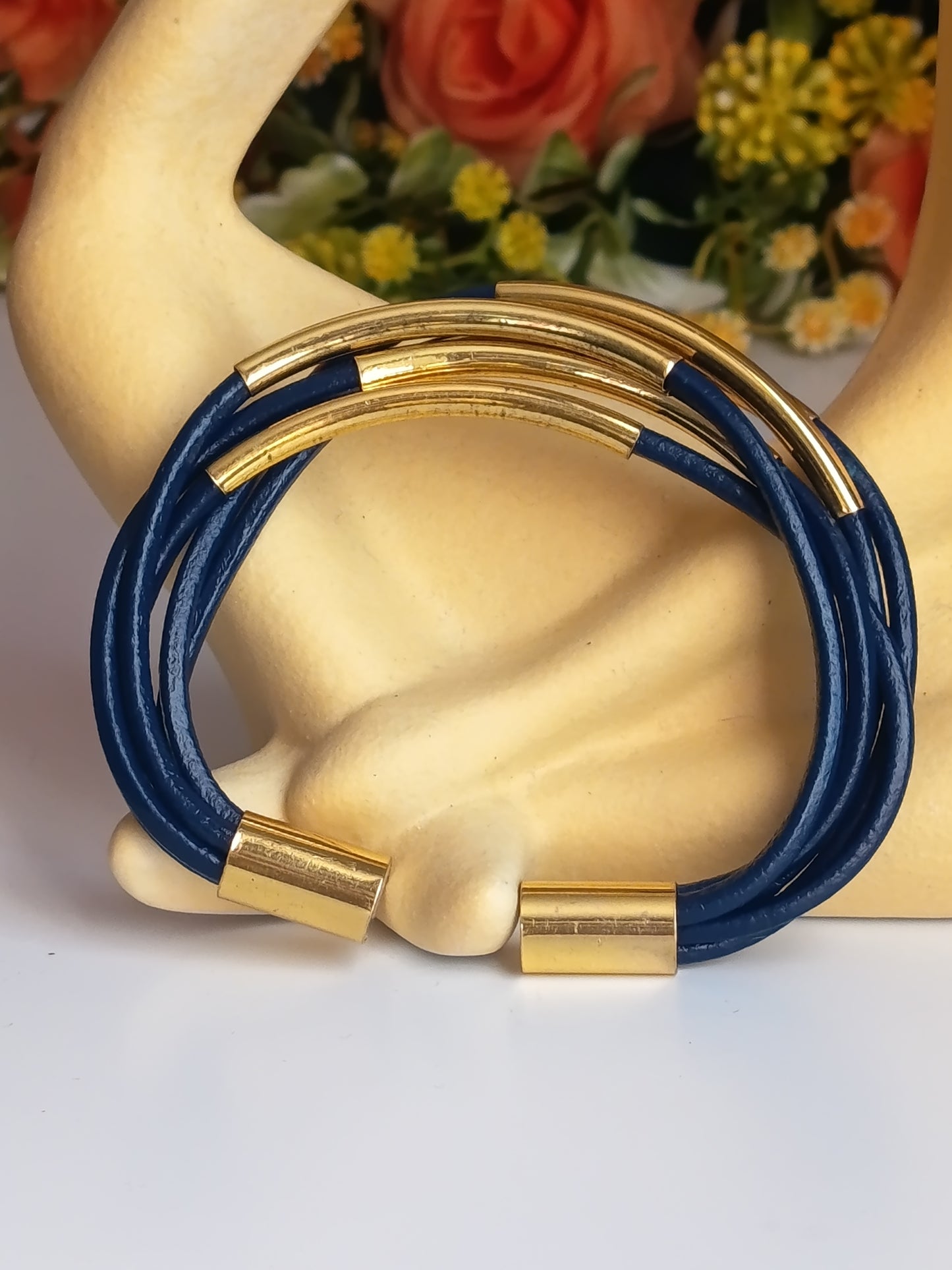 💙 Bracelet Vintage Tendance 5 Rangées Bleu Marine et Doré ✨