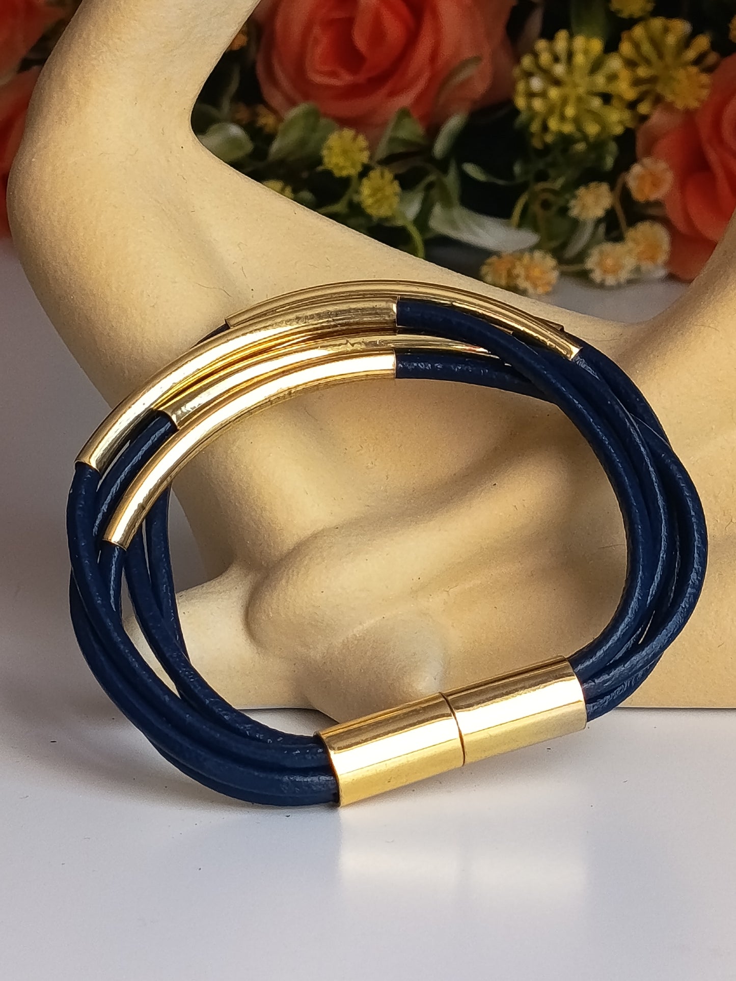 💙 Bracelet Vintage Tendance 5 Rangées Bleu Marine et Doré ✨