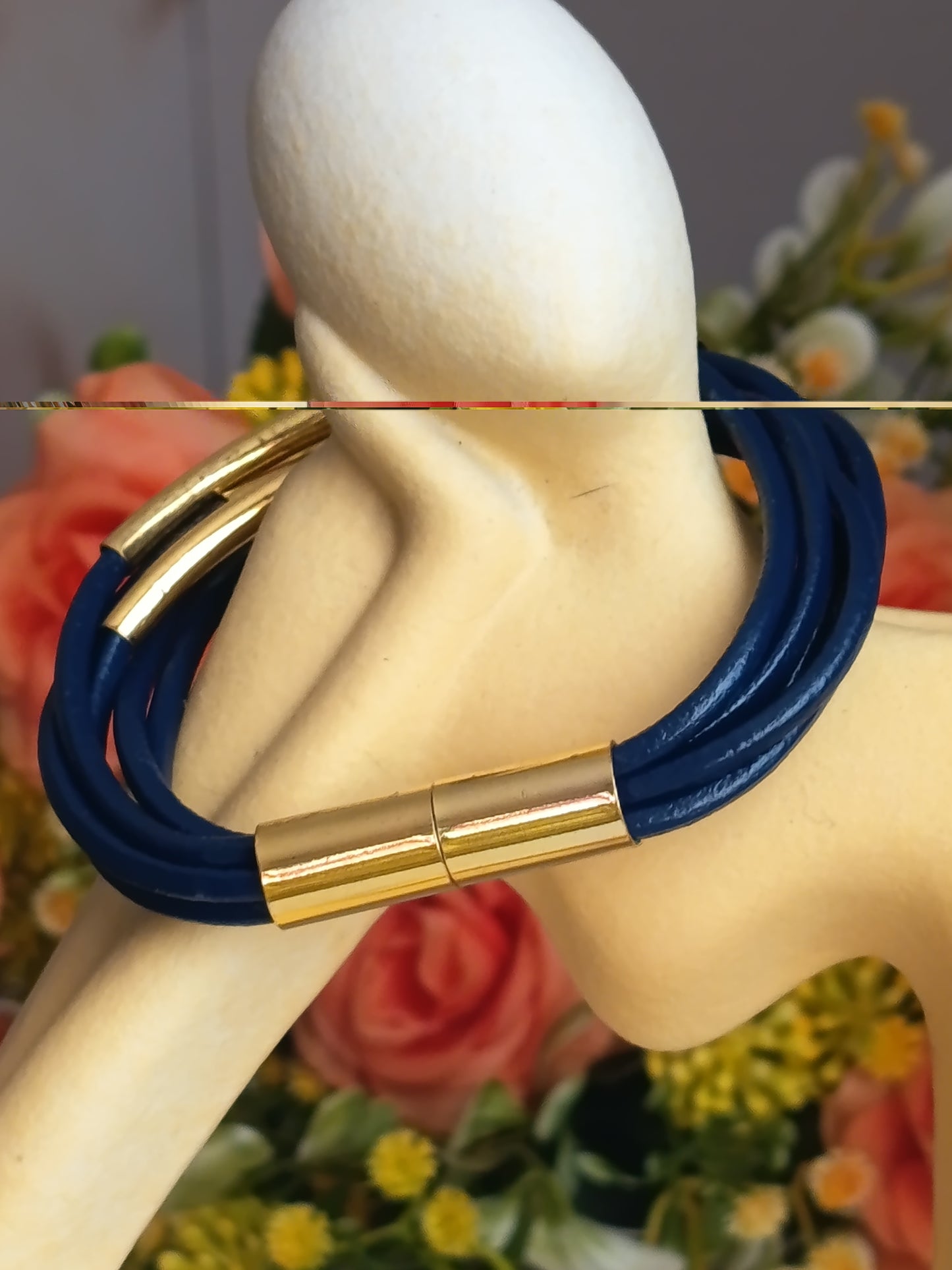 💙 Bracelet Vintage Tendance 5 Rangées Bleu Marine et Doré ✨