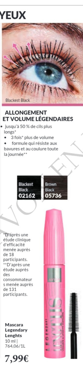 "Mascara Legendary Lengths Avon rose avec sa brosse et un œil maquillé présentant des cils longs et volumineux en teintes Blackest Black et Brown Black."