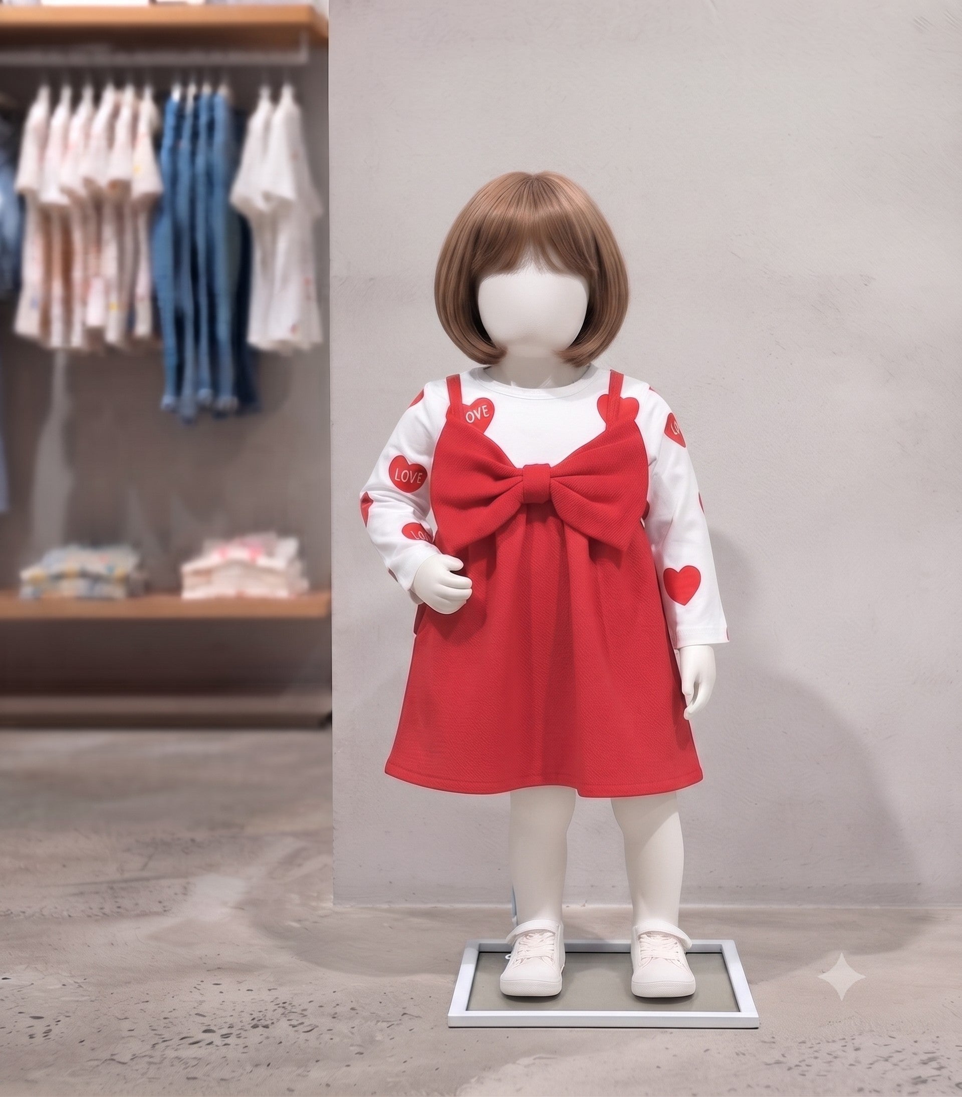 Mannequin enfant présentant une robe rouge de 9-12 mois d'une hauteur de 40 cm, ornée d'un grand nœud sur le devant, portée sur un haut à manches longues blanc imprimé de cœurs rouges et de l'inscription "LOVE".