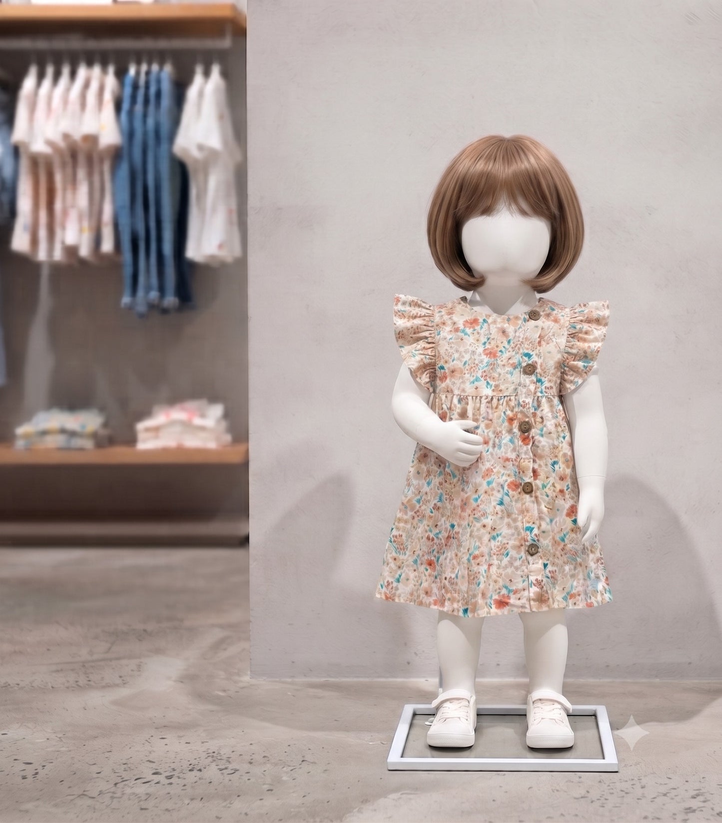 Robe sans manches à imprimé floral et volants pour bébé de 18 à 24 mois, hauteur 27,5 cm, présentée sur un mannequin en magasin.