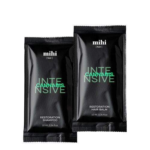 Cannabis Intensive. Sachets : Shampooing Restoration + Baume capillaire Restoration