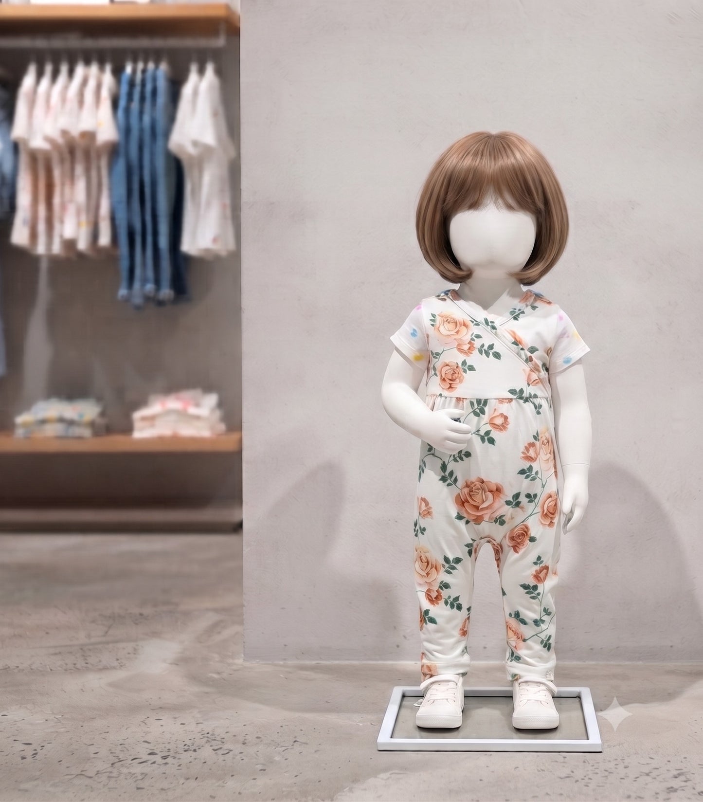 Grenouillère bébé sans pied à manches courtes pour 6-9 mois, motif floral de roses orange et feuilles vertes sur fond blanc, présentée sur un mannequin dans un magasin.