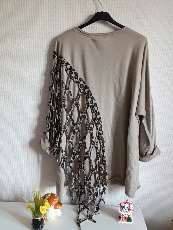 Tunique originale marron très clair, avec empiècement léopard, taille 58/60/62