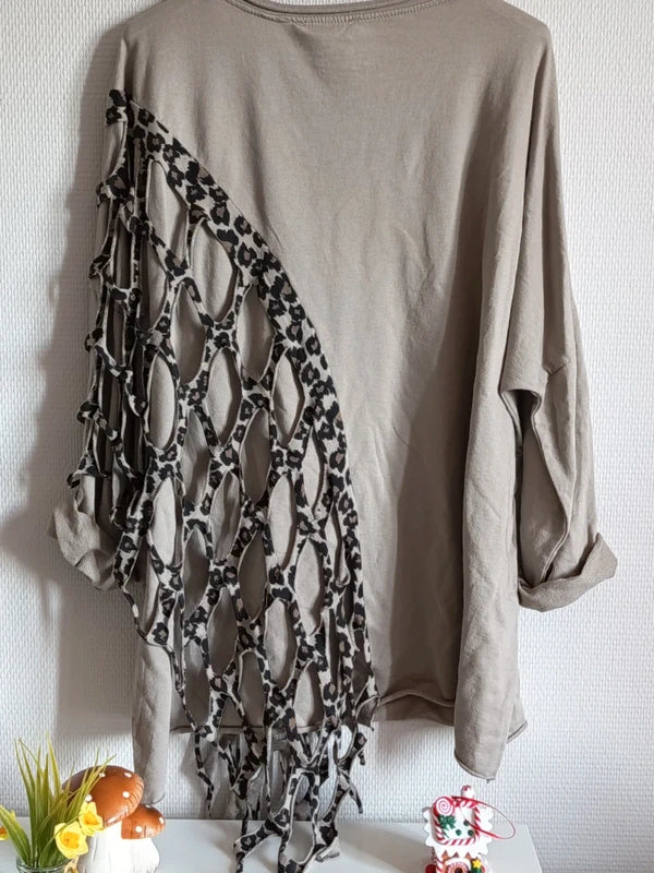 Tunique originale marron très clair, avec empiècement léopard, taille 58/60/62