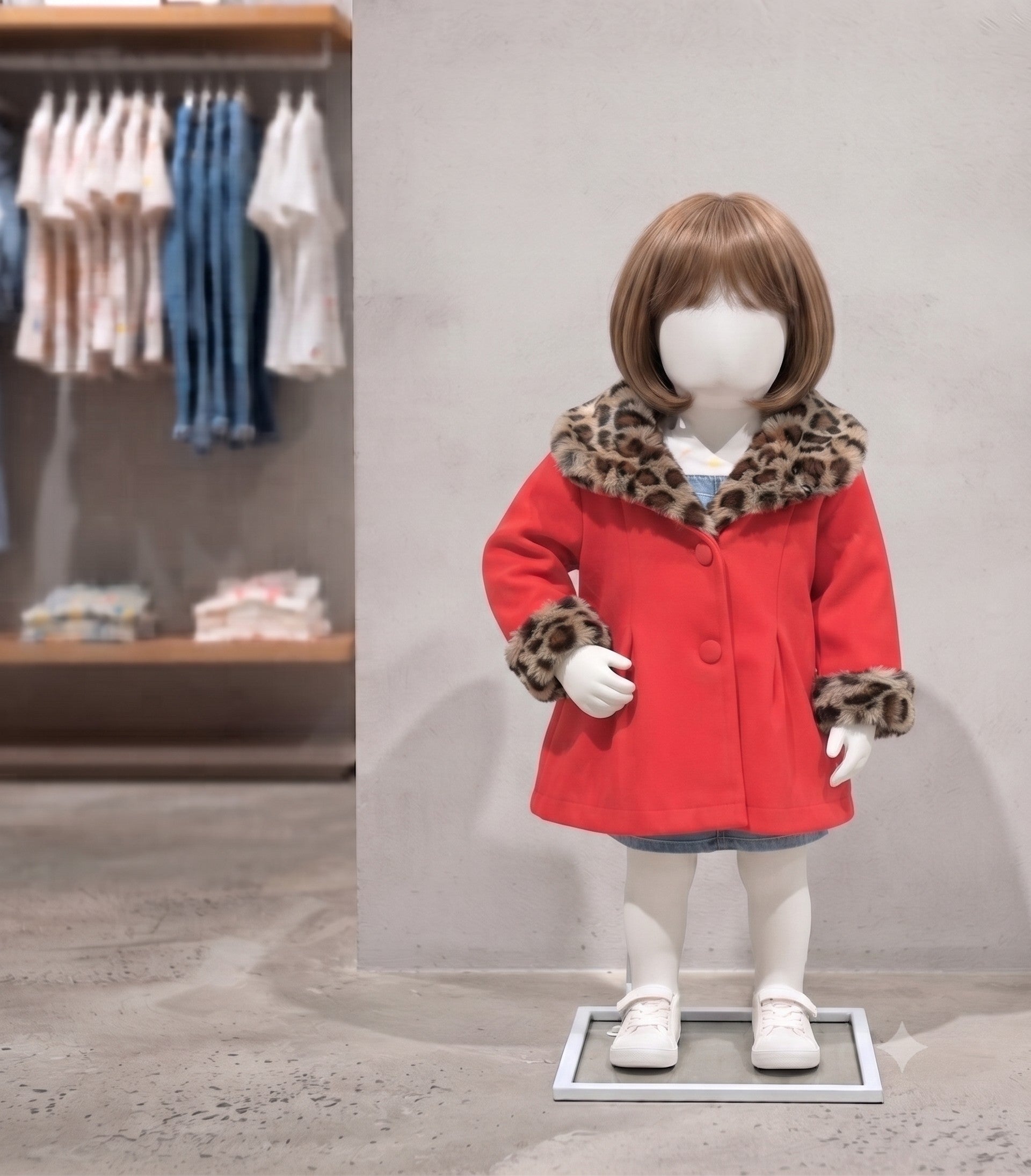 Manteau rouge pour bébé de taille 3-6 mois (hauteur 37,5 cm), doté d'une capuche et de finitions en fausse fourrure léopard, présenté sur un mannequin de magasin.