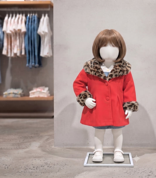 Manteau rouge pour bébé de taille 3-6 mois (hauteur 37,5 cm), doté d'une capuche et de finitions en fausse fourrure léopard, présenté sur un mannequin de magasin.