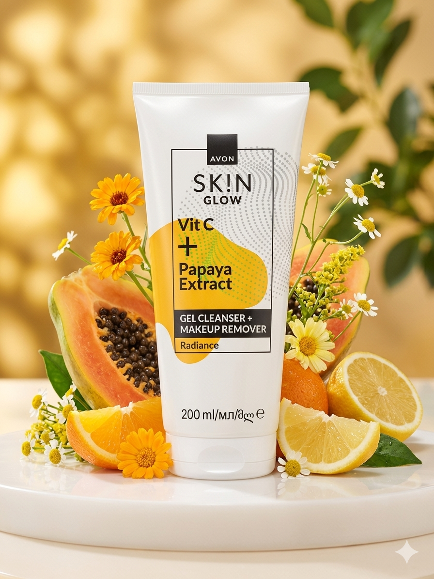"Tube de gel nettoyant et démaquillant Avon Skin Glow à la Vitamine C et extrait de papaye, présenté sur un socle blanc entouré de papayes fraîches, de tranches d'orange, de citrons et de fleurs de camomille pour illustrer ses ingrédients naturels." 🍊🍋🌼✨
