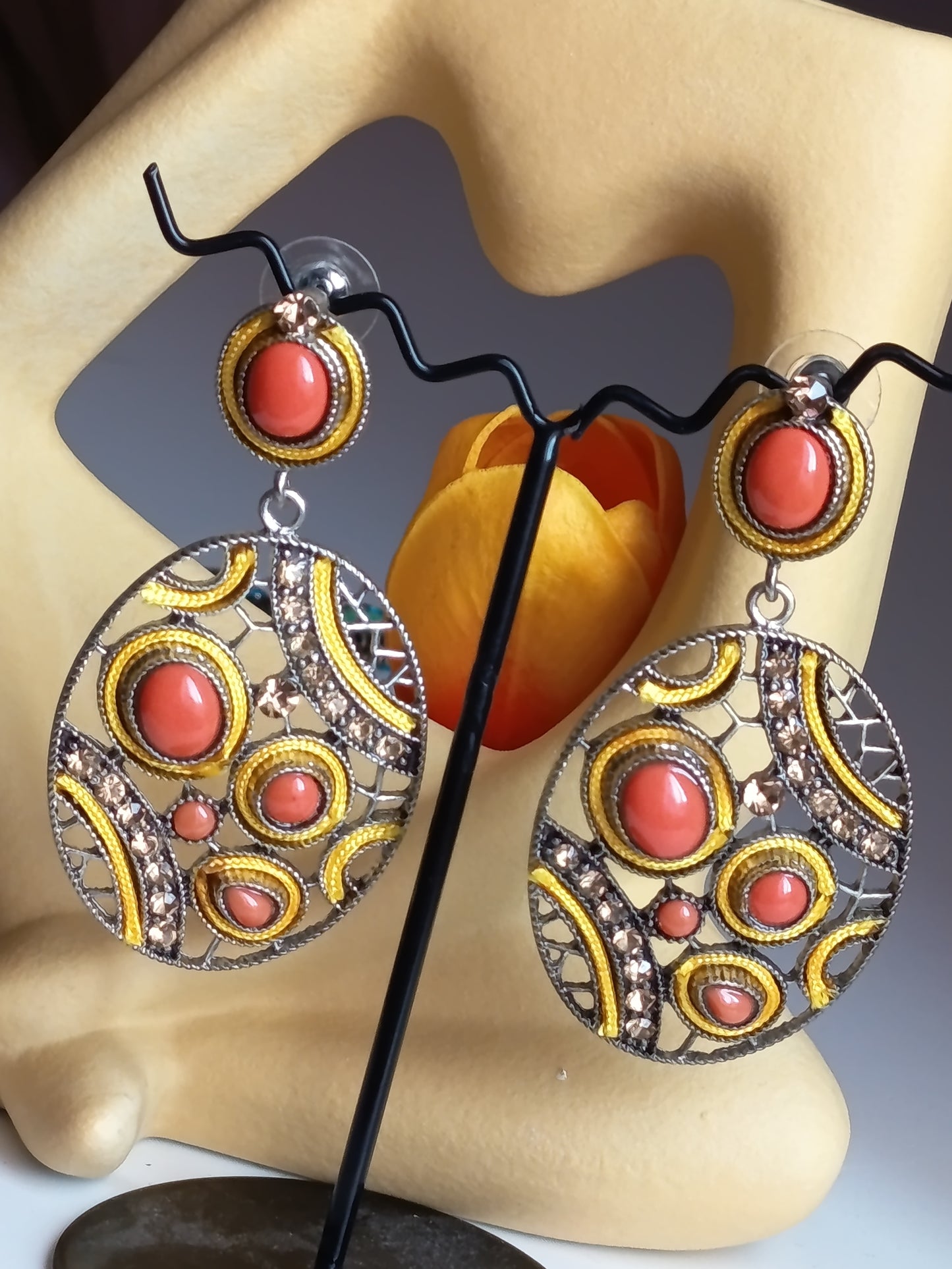 💫💝Boucles d'Oreilles "Solaire" – Cabochons Corail, Cristaux & Passementerie 💝💫