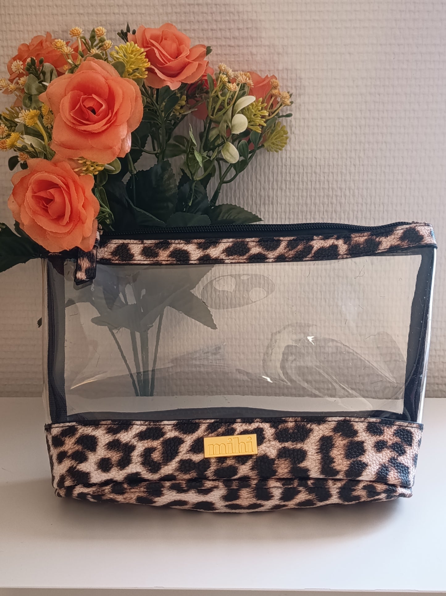 Pochette de toilette ou autre,  glamour sauvage,  transparent et imprimé léopard, fermeture éclair, édition limitée