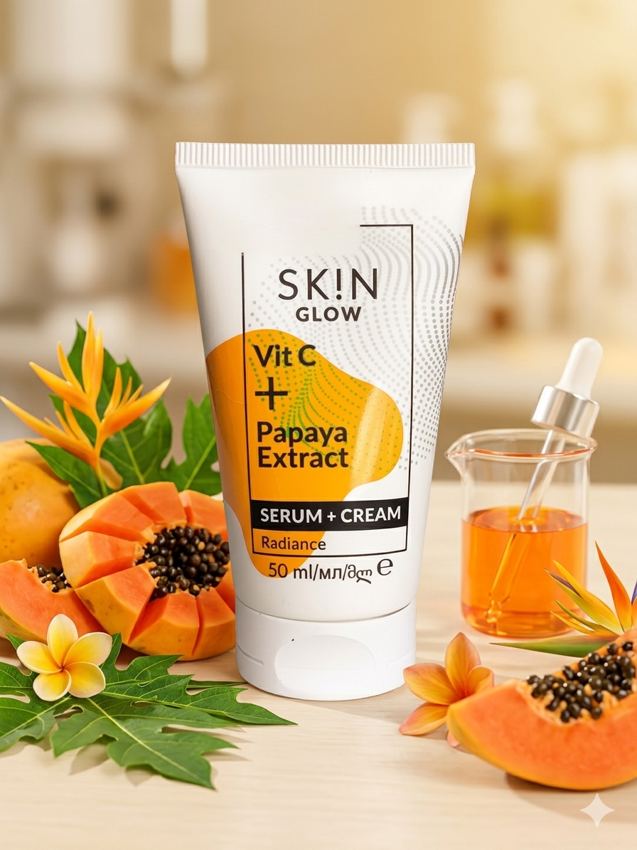 Tube de soin visage Sérum + Crème SK!N GLOW à la vitamine C et extrait de papaye, format 50ml, entouré de fruits de papaye frais