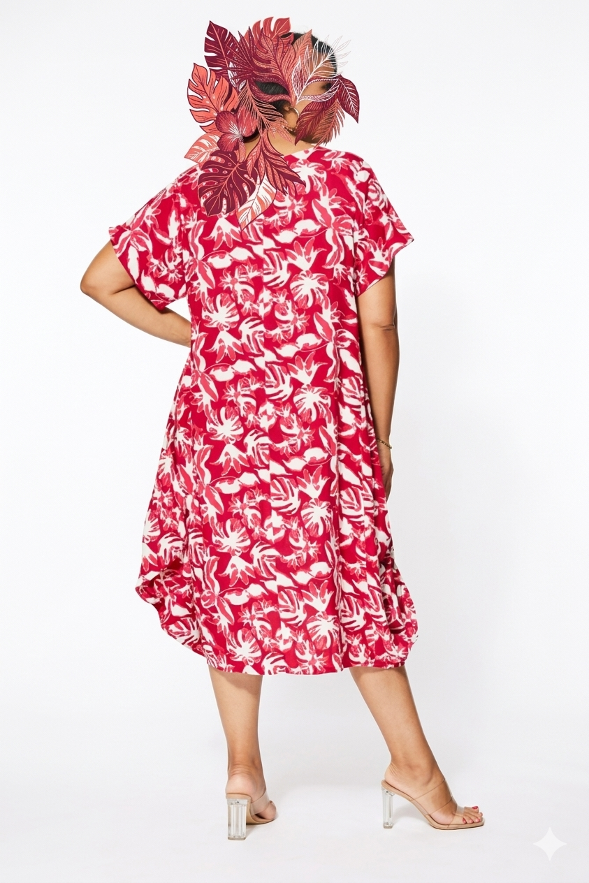 Robe Grande Taille en viscose, blanc et rose, taille 52-54, N3