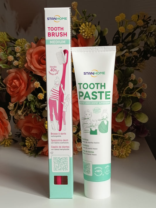 ✨🌺Tooth Paste : dentifrice arôme menthe fraîche + Tooth Brush : brosse à dents fuchsia rechargeable de Stanhome ✨🌺