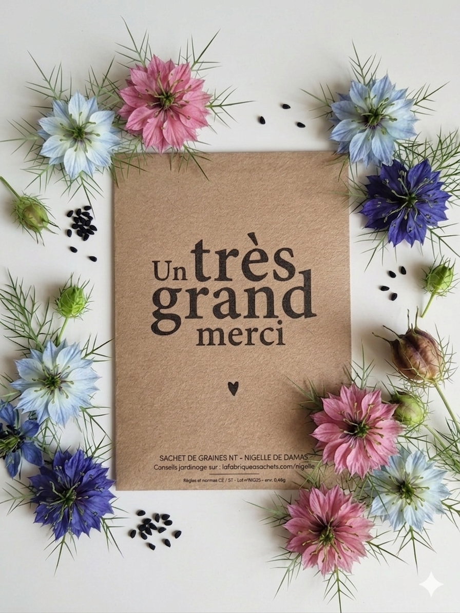 Cadeau d'invité original : Sachet de graines à planter

Attention fleurie : Nigelle de Damas "Merci"