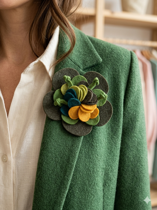 Gros plan d'une femme portant la broche fleur en feutrine artisanale sur le revers d'une veste en laine verte texturée.