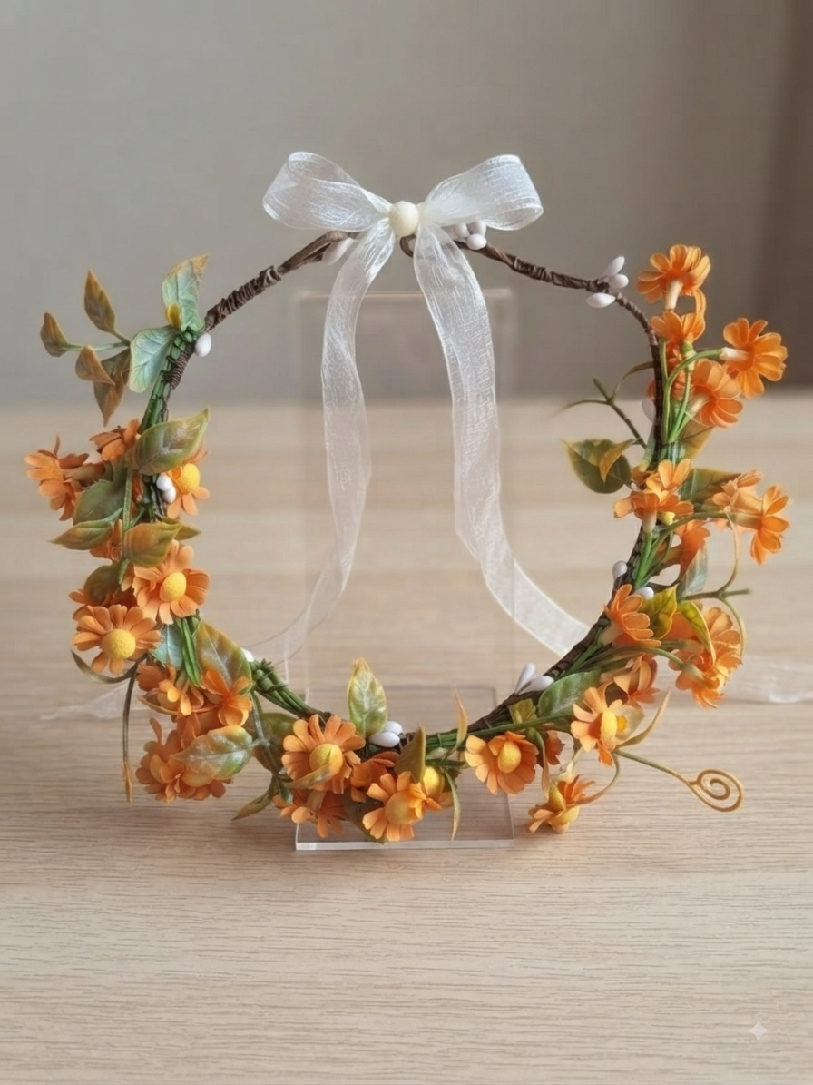 👑 Couronne de Fleurs Bohème Orange - Parfaite pour Mariage et Cérémonie 🌸🌿