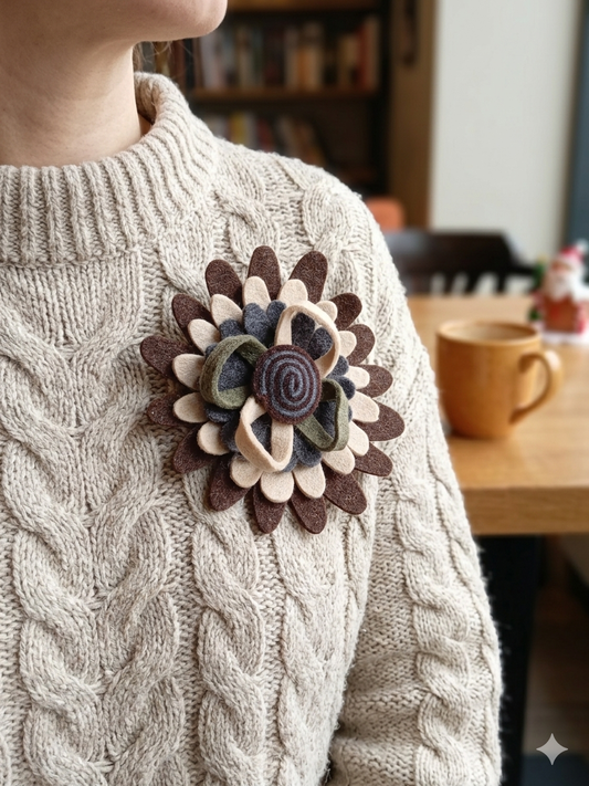 Broche fleur en feutrine marron et beige portée sur un pull en laine beige. 