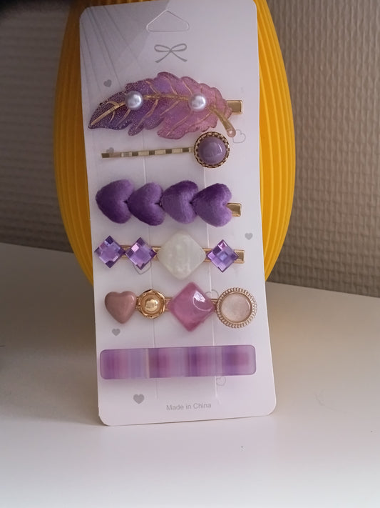 Lot de 5 pinces crocrodiles + 1 barrette à cheveux, dans les tons violets