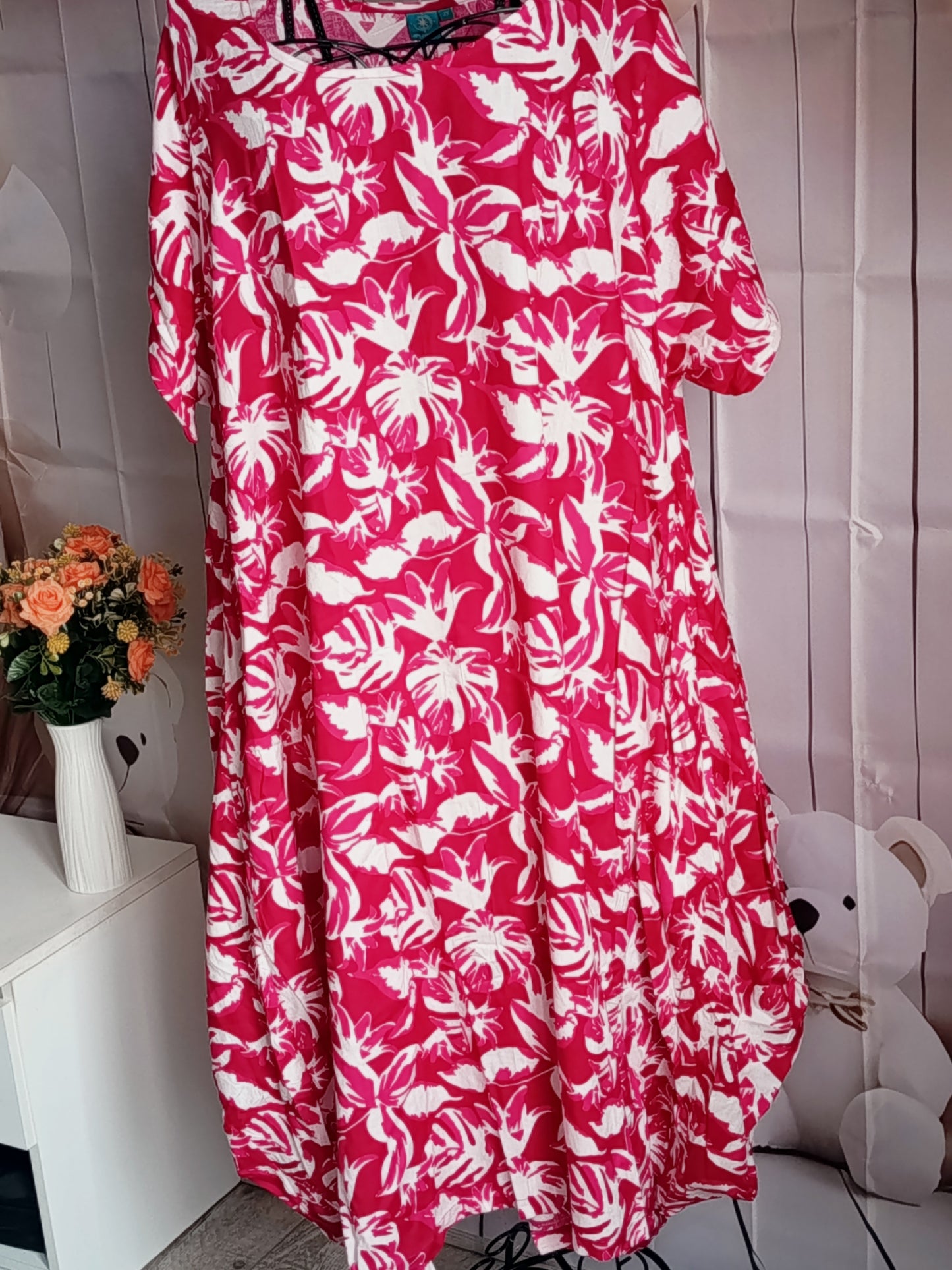 Robe Grande Taille en viscose, blanc et rose, taille 56-58-60, N4