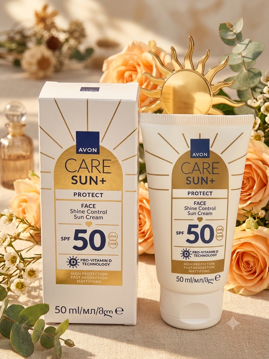 Crème solaire pour le visage Avon Care Sun+ Protect SPF 50 Shine Control en tube de 50ml et sa boîte d'emballage blanche et dorée, posés sur un fond estival avec des fleurs et un soleil décoratif doré.