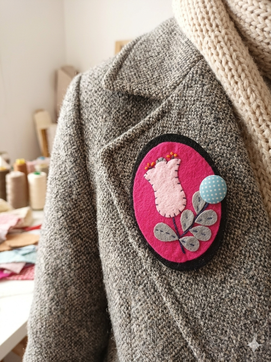 Broche fleur rose en feutrine portée sur le revers d'un manteau en laine gris chiné. 