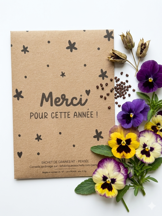 Sachet de graines en papier kraft avec inscription Merci pour cette année, parfait pour un cadeau de remerciement.