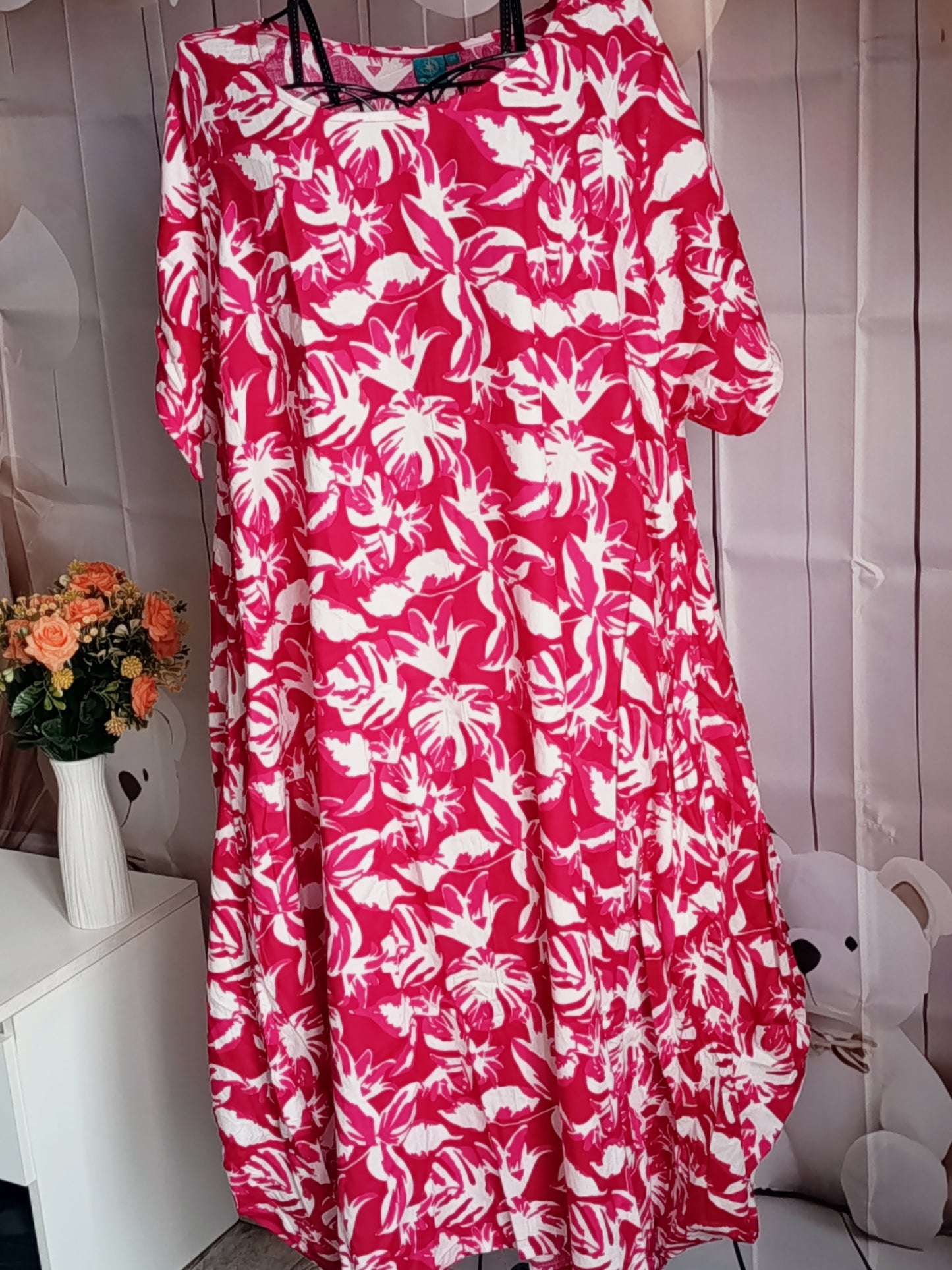 Robe Grande Taille en viscose, blanc et rose, taille 56-58-60, N4